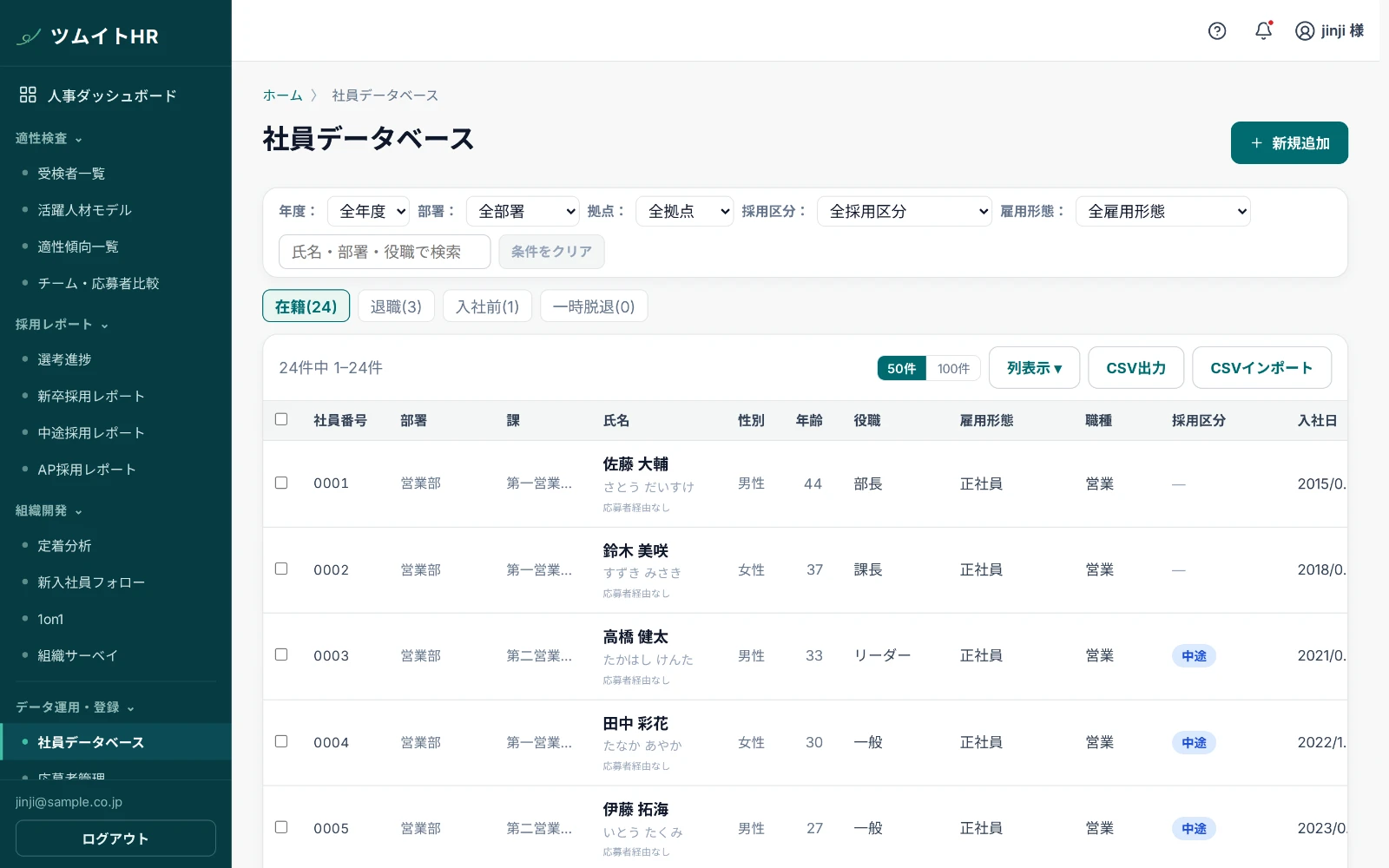 取り込み後の社員データベース。1人ずつの追加・修正もこの画面からできます