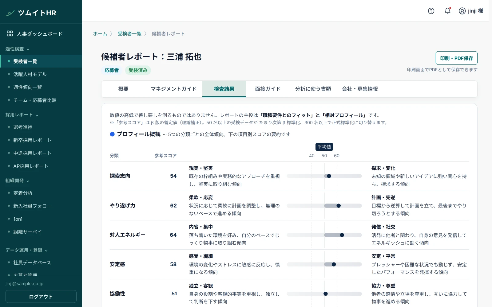 検査結果。5つの分類ごとに傾向が言葉と数字で分かります